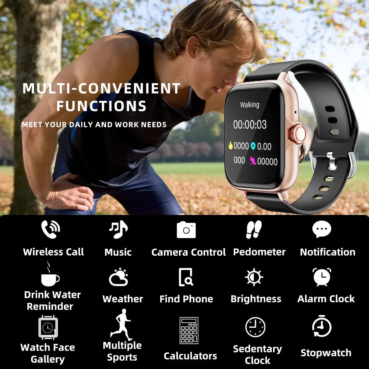 PulseTech 1.83 Inch Waterproof Smart Watch With Calls Messages Sleep Monitoring Pedometer Alerts For IPhone And Android