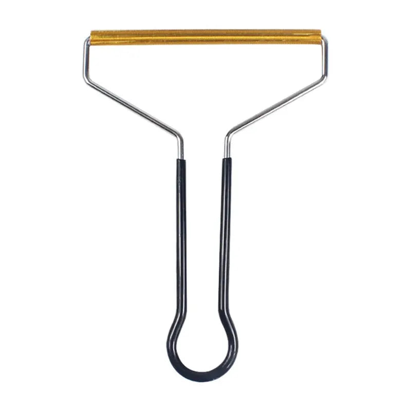 Portable lint remover brush with metal frame, black handles and wooden roller
