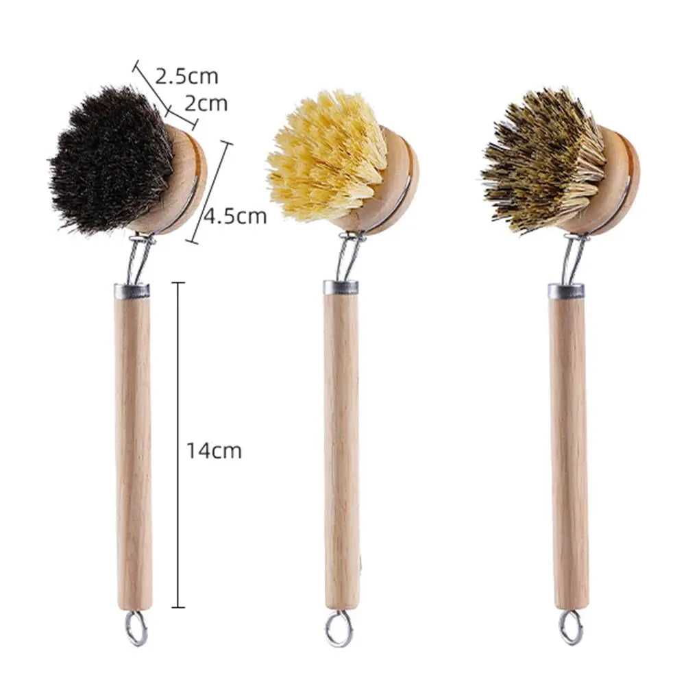 Three replaceable dish brushes with wooden handles and black, yellow, and brown bristles