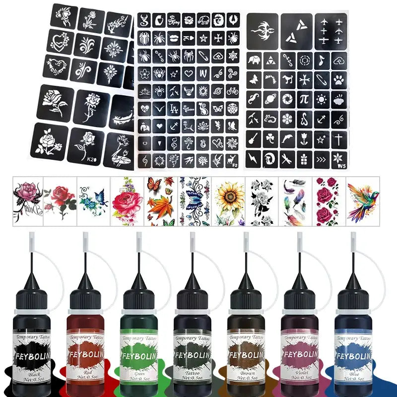 Long Lasting Temporary Tattoo Inks Kit With Three Tattoo Stickers Freehand Painting Gel For Face And Body
