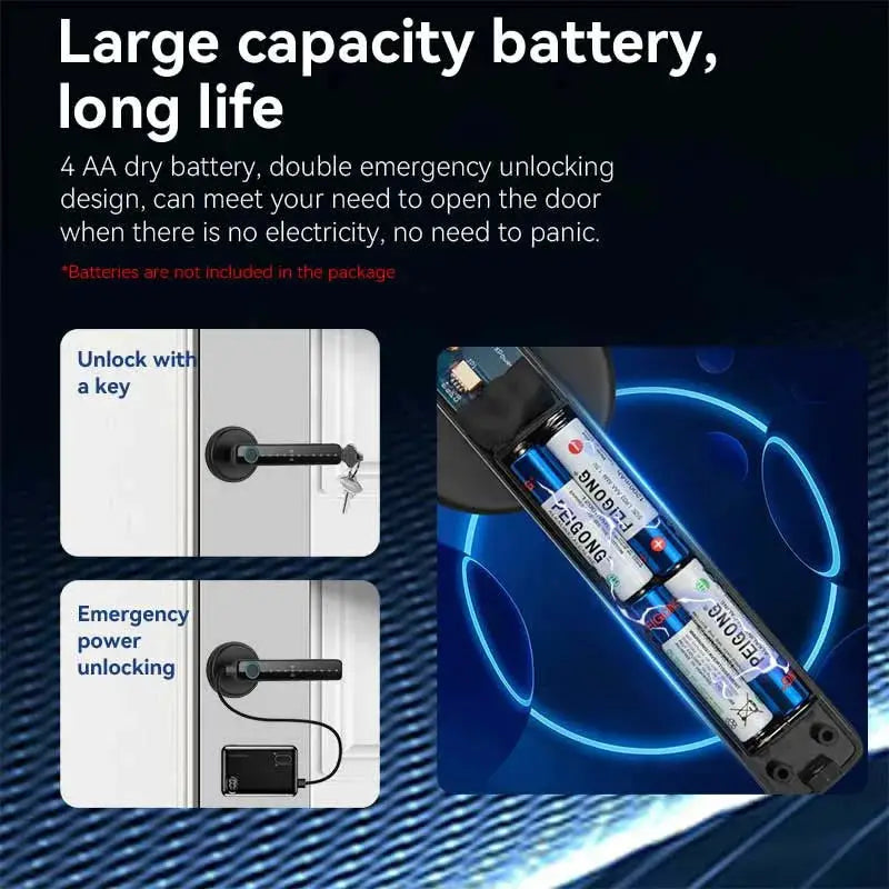 Simples Market Tuya smart door lock with handle, fingerprint and card entry; battery pack shown.