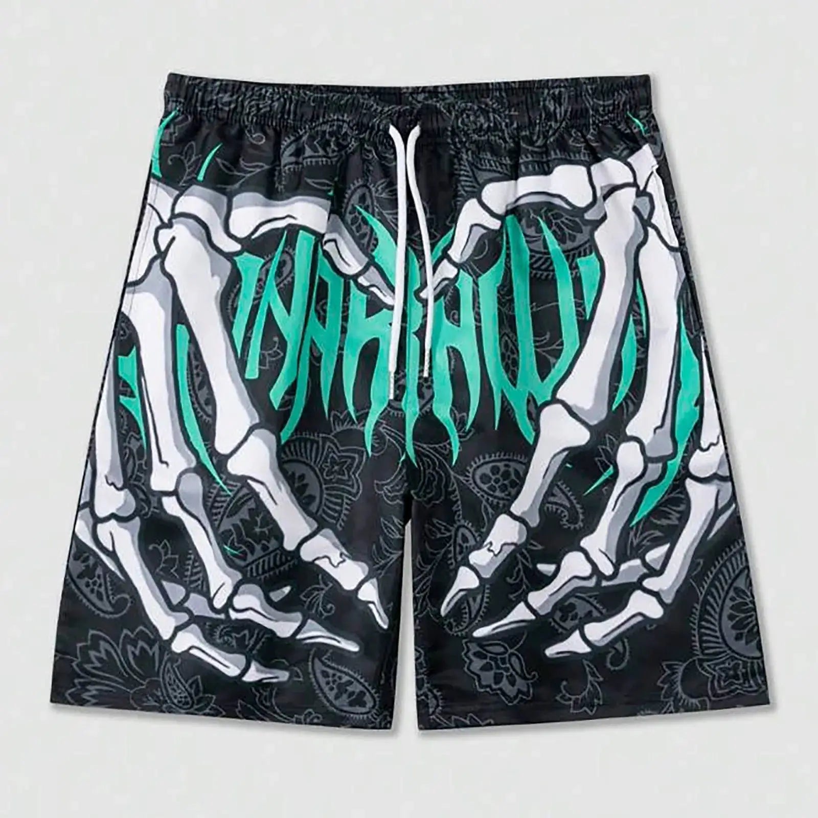 Men's board shorts with elastic waist; black fabric with white bone skeleton motif and teal 3D print lettering