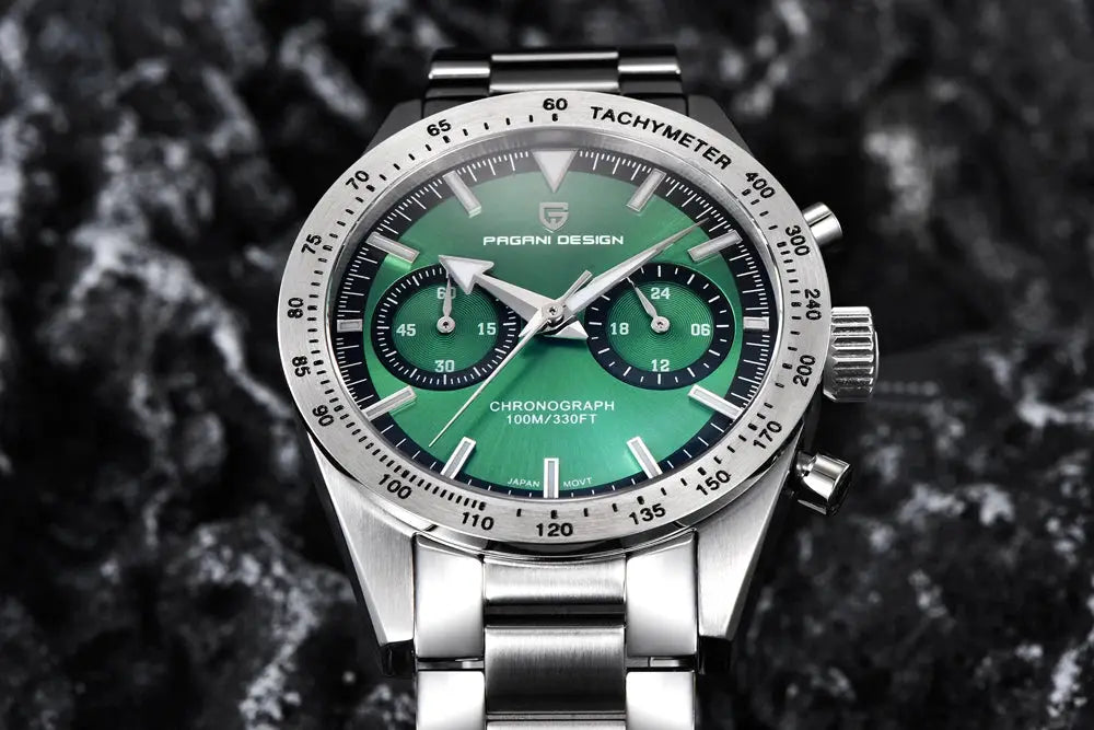Pagani Design retro luxury quartz men's watch, stainless steel bracelet, green dial, chronograph, tachymeter