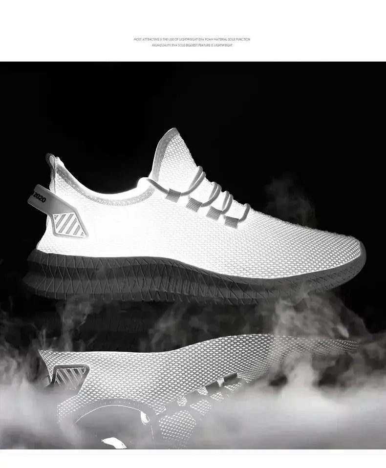 Men's white knit sneakers with black outsole, breathable lace-up running shoes