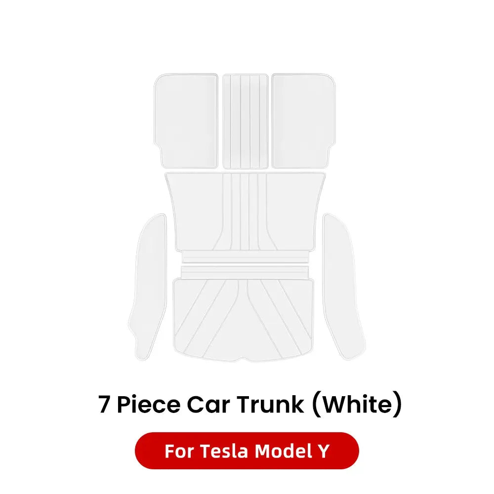 7-piece white trunk mat set for Tesla Model Y (2021–2026), waterproof cargo liner