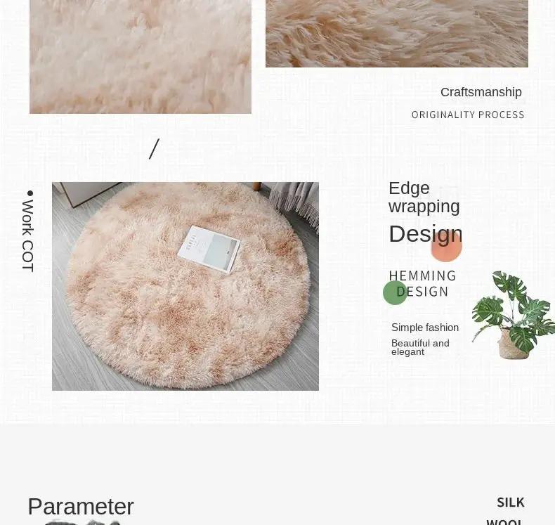 Round plush rug mat, beige fluffy thick-pile carpet for living room and bedroom decor