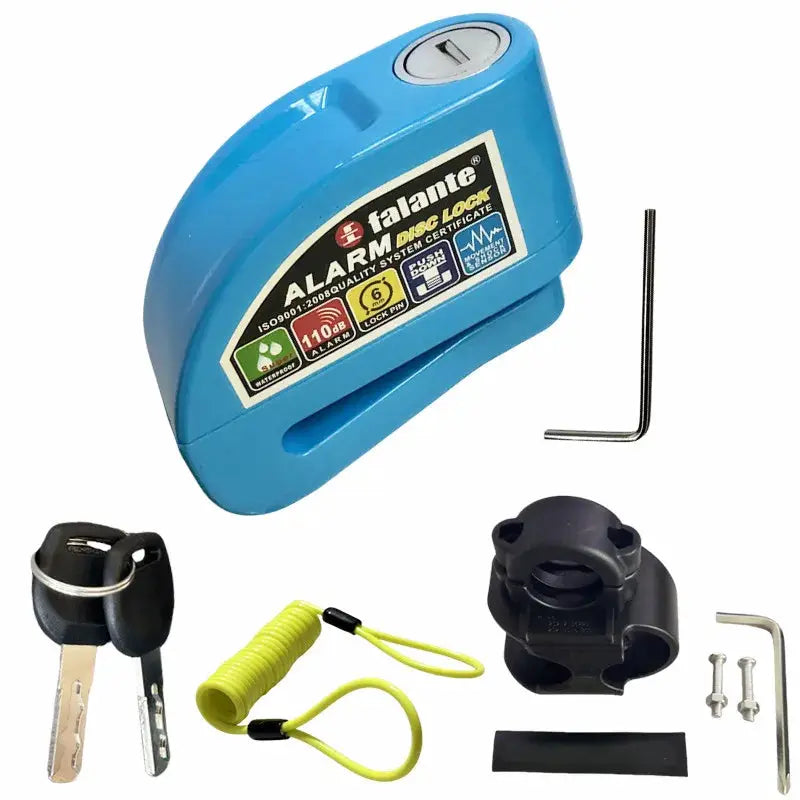 Falante motorcycle alarm disc lock in blue aluminium alloy with reminder rope, bracket and mounting hardware