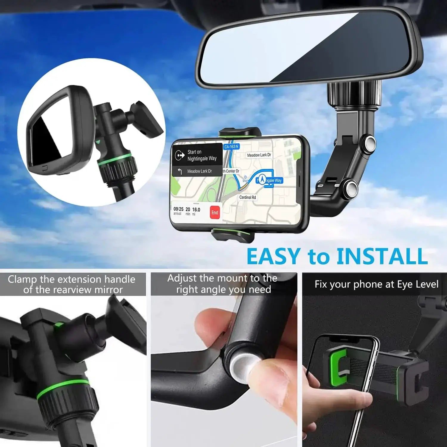 Rearview Mirror Phone Holder by Simples Market, black 360° rotatable retractable car mount for smartphones.