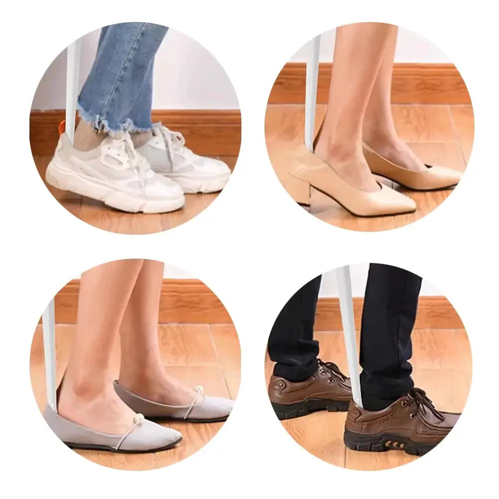 42cm stainless steel shoehorn with easy-grip white handle; shown with sneakers, flats, heels, and dress shoes