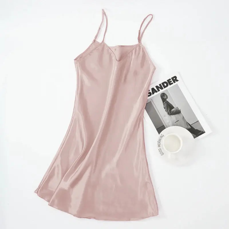LuxeSilk Satin Nightgown Faux Silk Sleepwear Spaghetti Straps V Neck for Sleek Summer Comfort Women