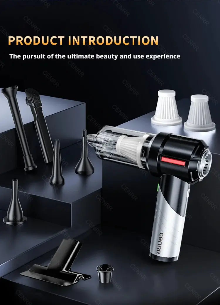 CENRR car vacuum cleaner cordless handheld with clear dust canister and multiple nozzle attachments
