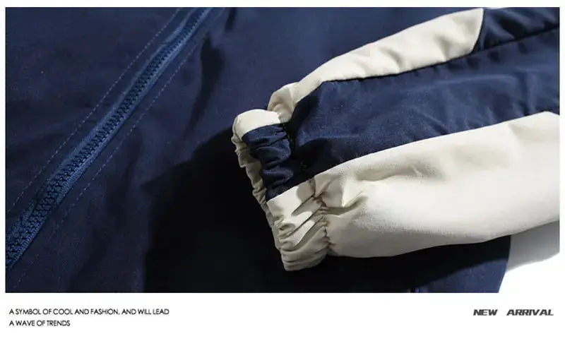 Hip Hop varsity windbreaker jacket, navy blue with beige cuffs, front zipper.