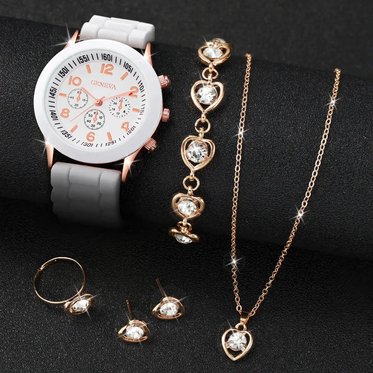 6-piece women's watch and jewelry set with white silicone strap watch and rose-gold crystal-heart jewelry