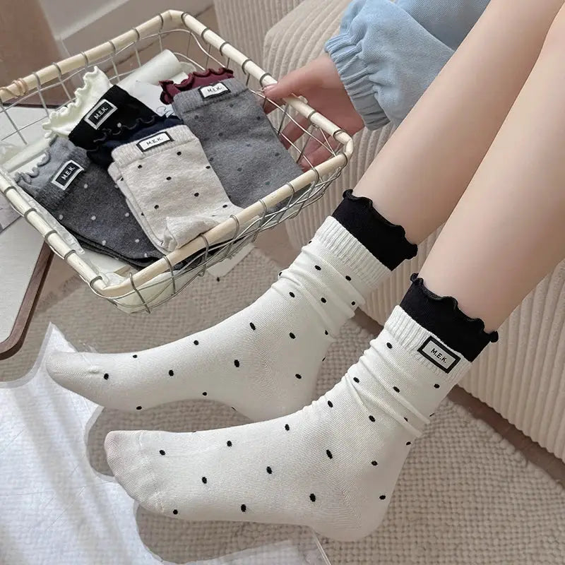 PreppySteps Womens Dots Pattern Frilly Long Socks Breathable Combed Cotton Everyday Comfort