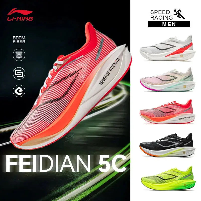 LI-NING Feidian 5 Challenger men's running shoes, red-orange gradient upper with white sole; 6 colorways shown