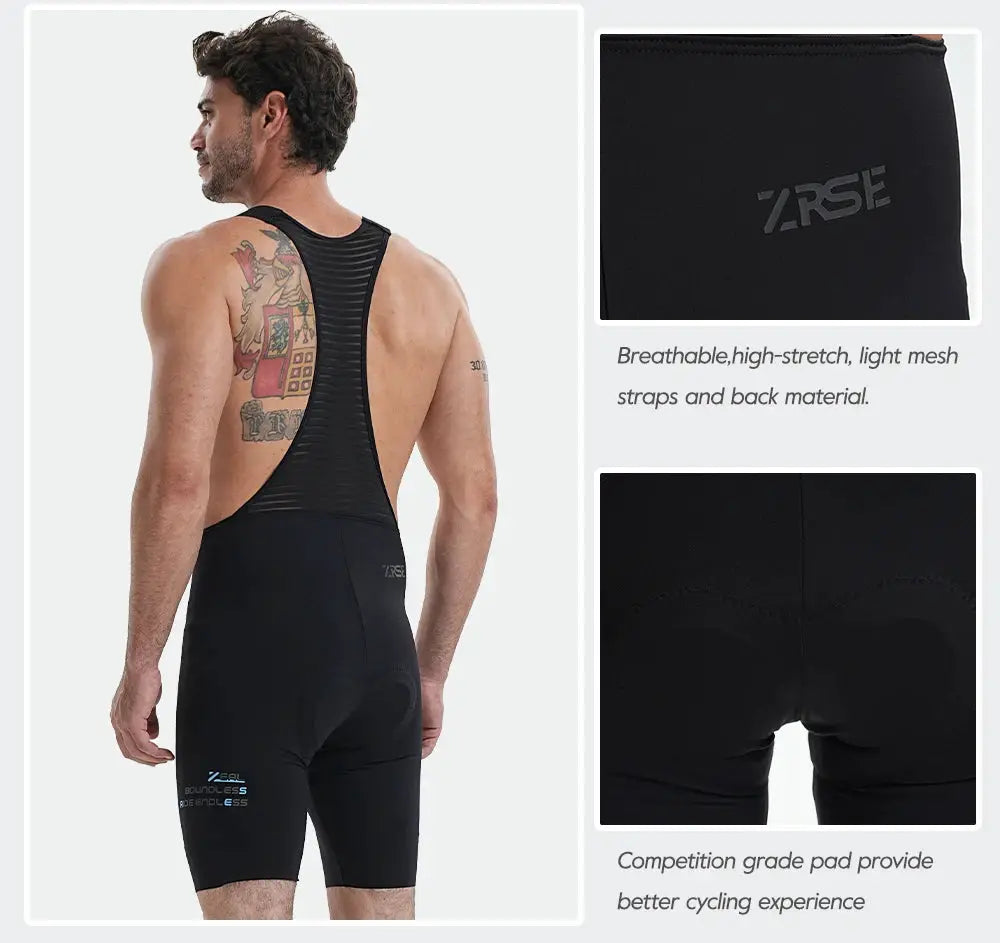 Men's black cycling bib shorts with breathable mesh back and padded seat.