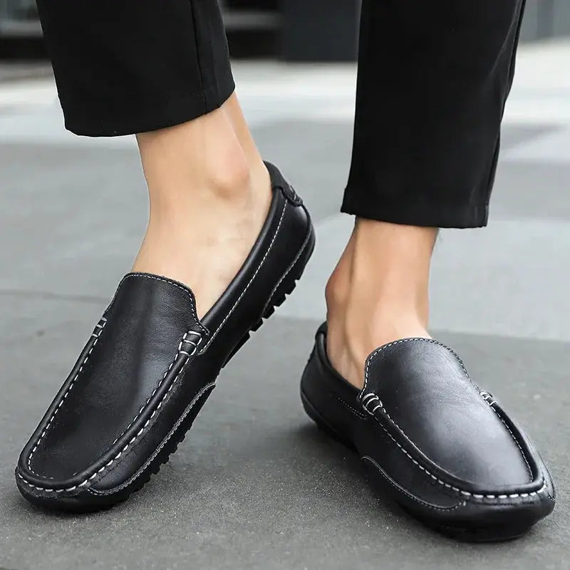 Simples Market men's black genuine leather slip-on loafers with white contrast stitching