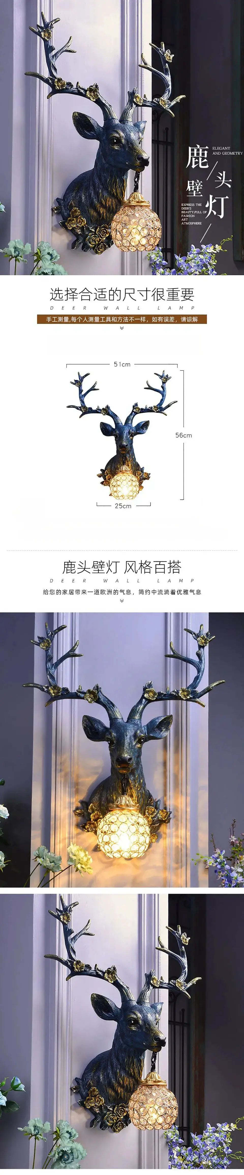 Lucky Deer wall lamp by Simples Market; resin deer head with blue finish and golden accents, crystal lantern glow