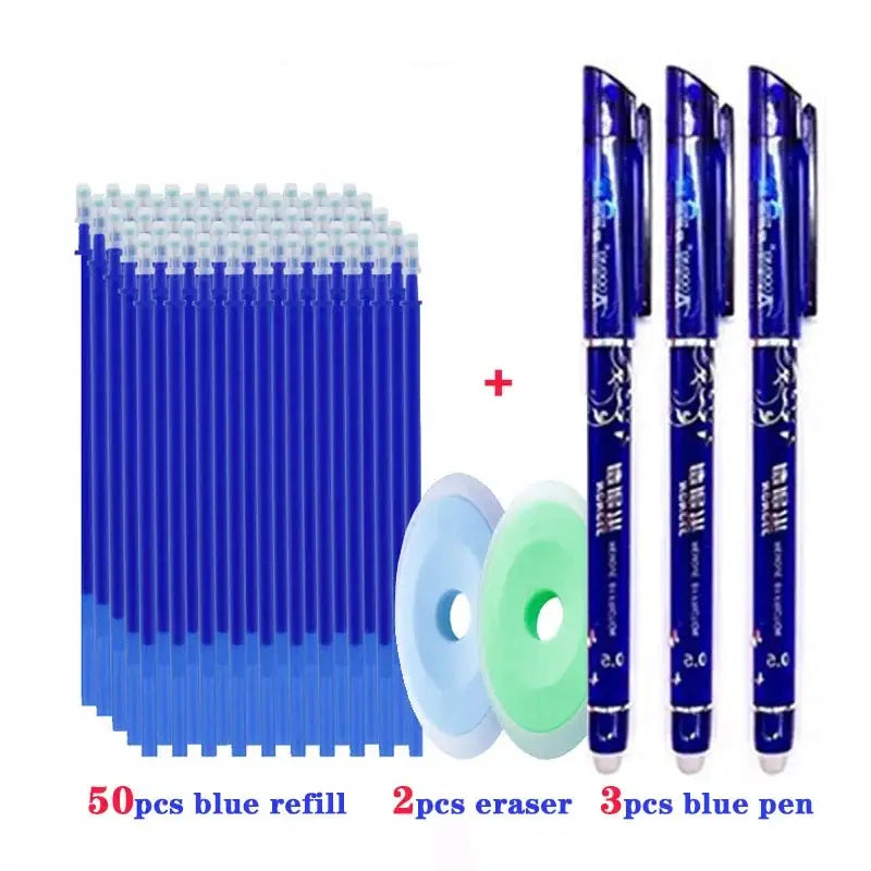 Blue erasable gel pen set, 55pcs by Simples Market; includes 50 blue refills, 2 erasers, 3 pens
