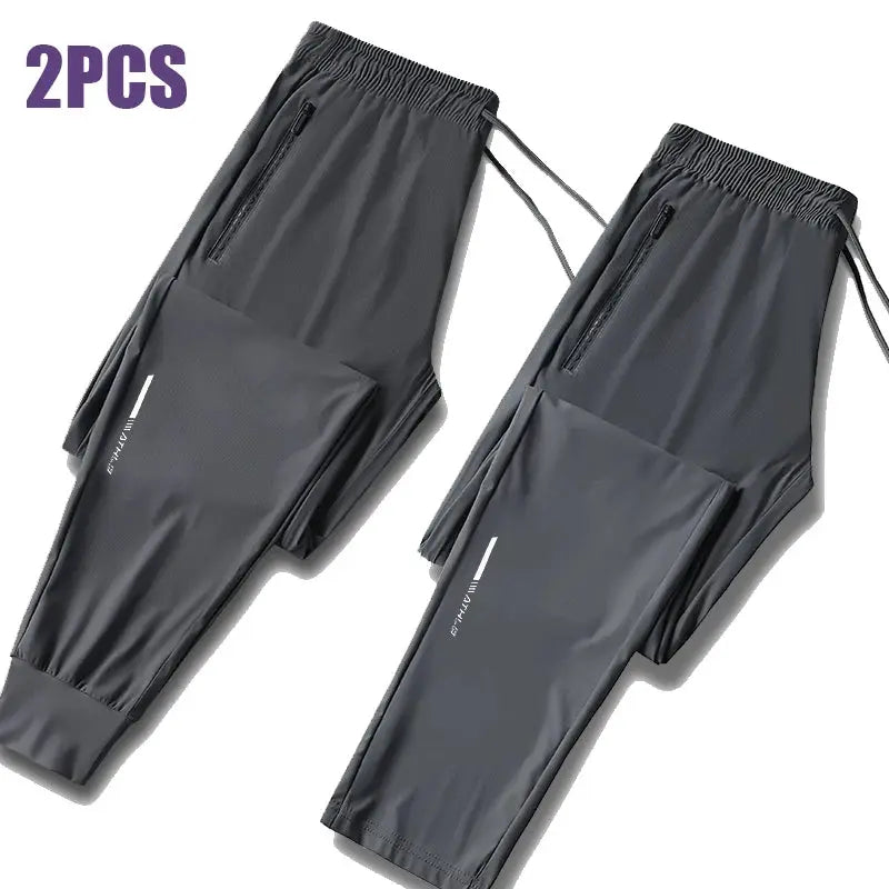 2-pack men's ice silk pants in dark gray with zip pockets, quick-dry casual running pants by Simples Market