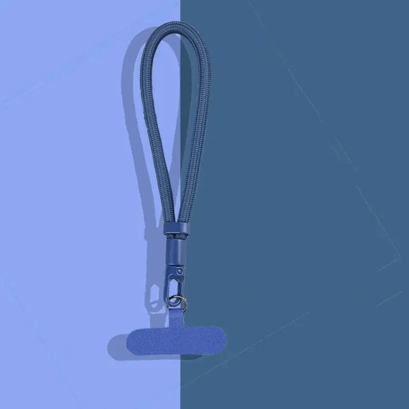 Mobile phone adjustable short lanyard with blue braided cord and metal clip.