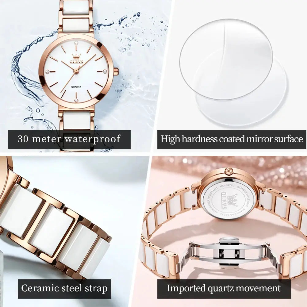 OLEVS 5877 women's watch with rose-gold case and ceramic steel strap, white dial, quartz movement, 30m water resistant