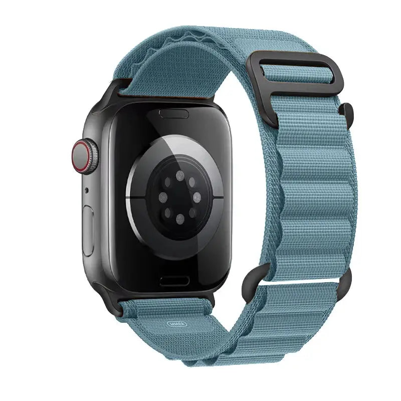 Simples Market Apple Watch nylon Alpine strap teal blue for 40–49mm, adjustable rugged nylon band with buckle.