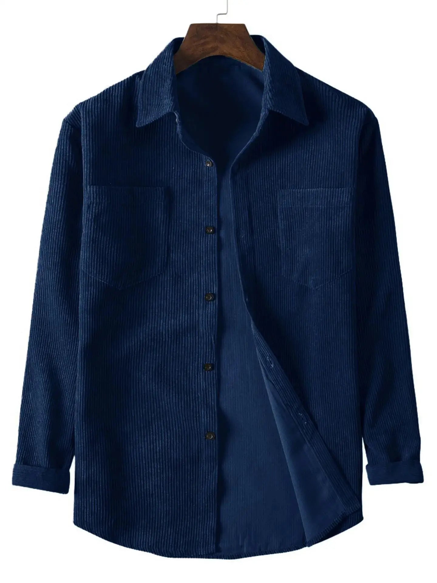 Men's navy corduroy long-sleeve lapel shirt with button-down front and chest pockets