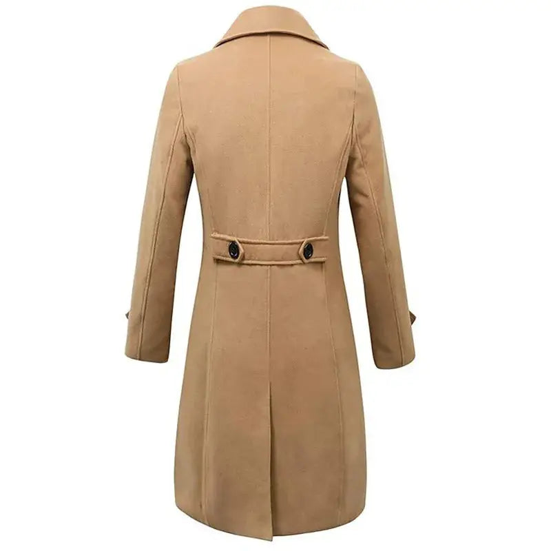 Men's tan wool-blend long coat with back belt and tailored seams