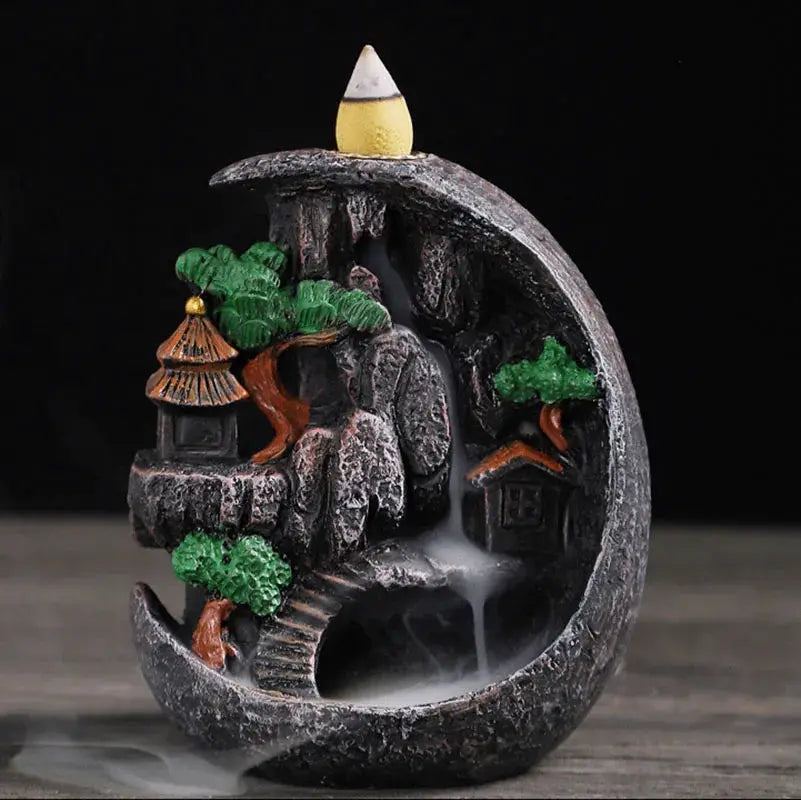 Resin Cascade Backflow Incense Burner With Mountain Waterfall Design For Home Decor And Meditation Gift