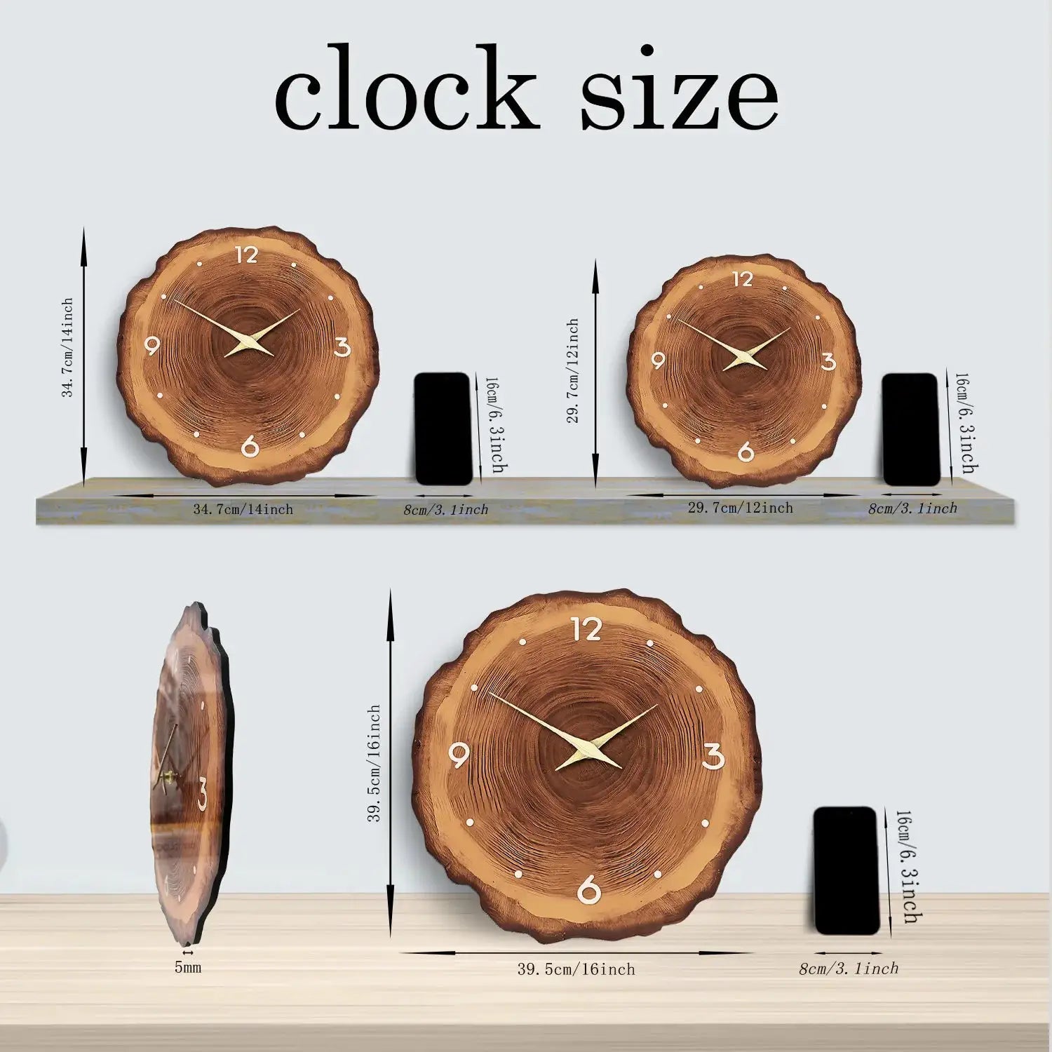 Two wooden ring-veneer wall clocks with natural cross-section grain, solid wood, by Simples Market