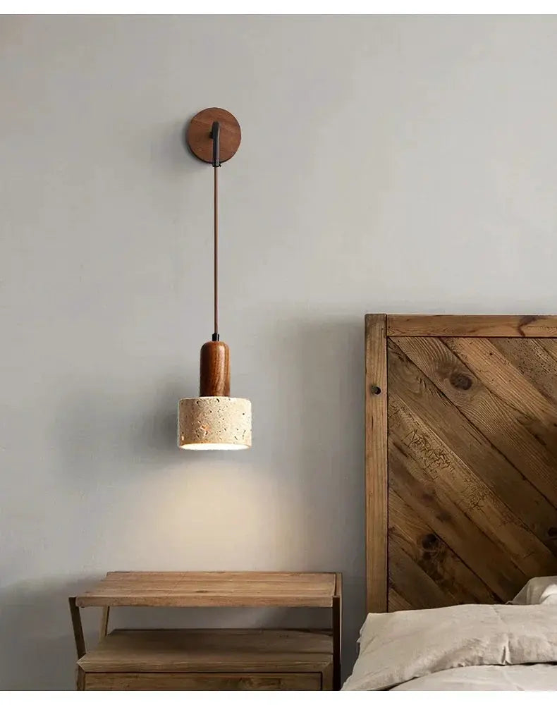 Wall lamp pendant sconce with peach wood color and speckled stone shade by Simples Market