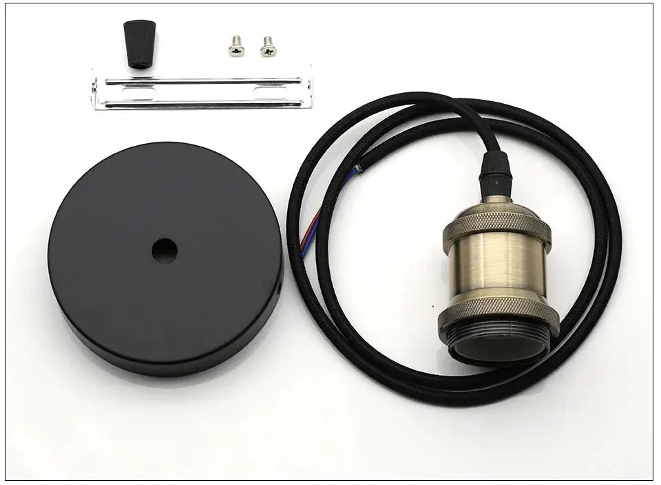 Aluminum pendant light kit with black round canopy, industrial brass E27 lamp holder, cord, and mounting hardware.