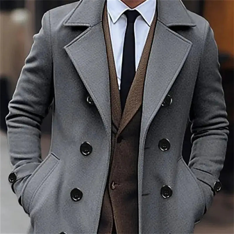 Autumn Winter Men's Woolen Coat, gray wool blend, double-breasted long trench-style coat
