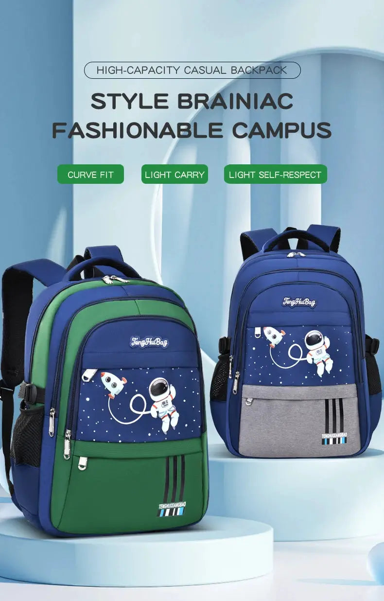 Astronaut-themed school backpacks for boys by Simples Market, blue and green, waterproof, two-pack