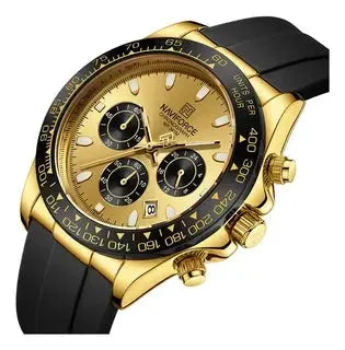 NAVIFORCE men's chronograph wristwatch with gold-tone case, black bezel and waterproof silicone strap