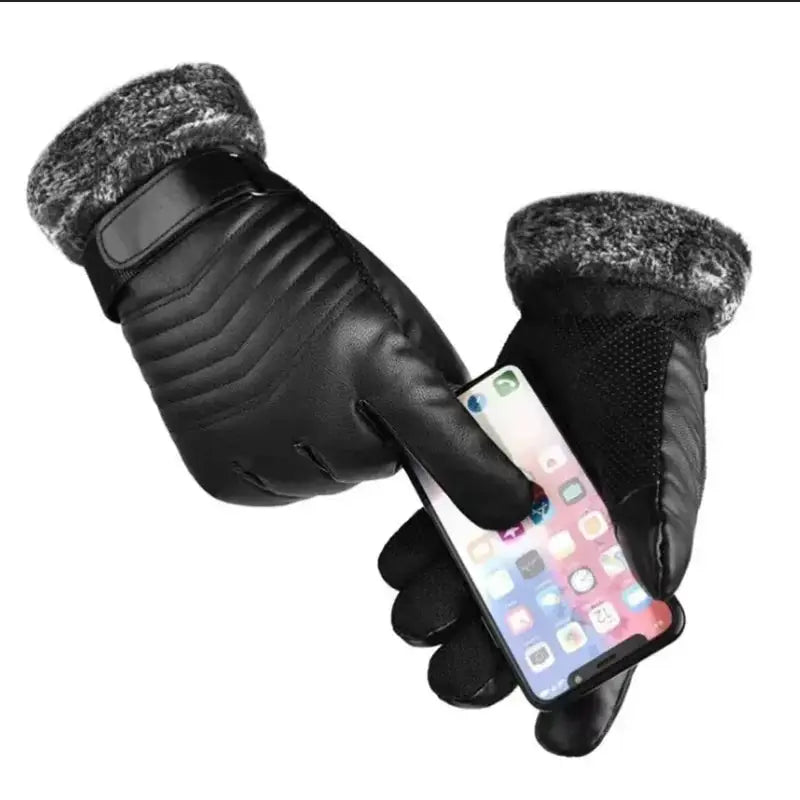 Men's Winter Gloves Fur Mouth Plush Insulation Outdoor Cycling Motorcycle PU Touch Screen Cotton Gloves