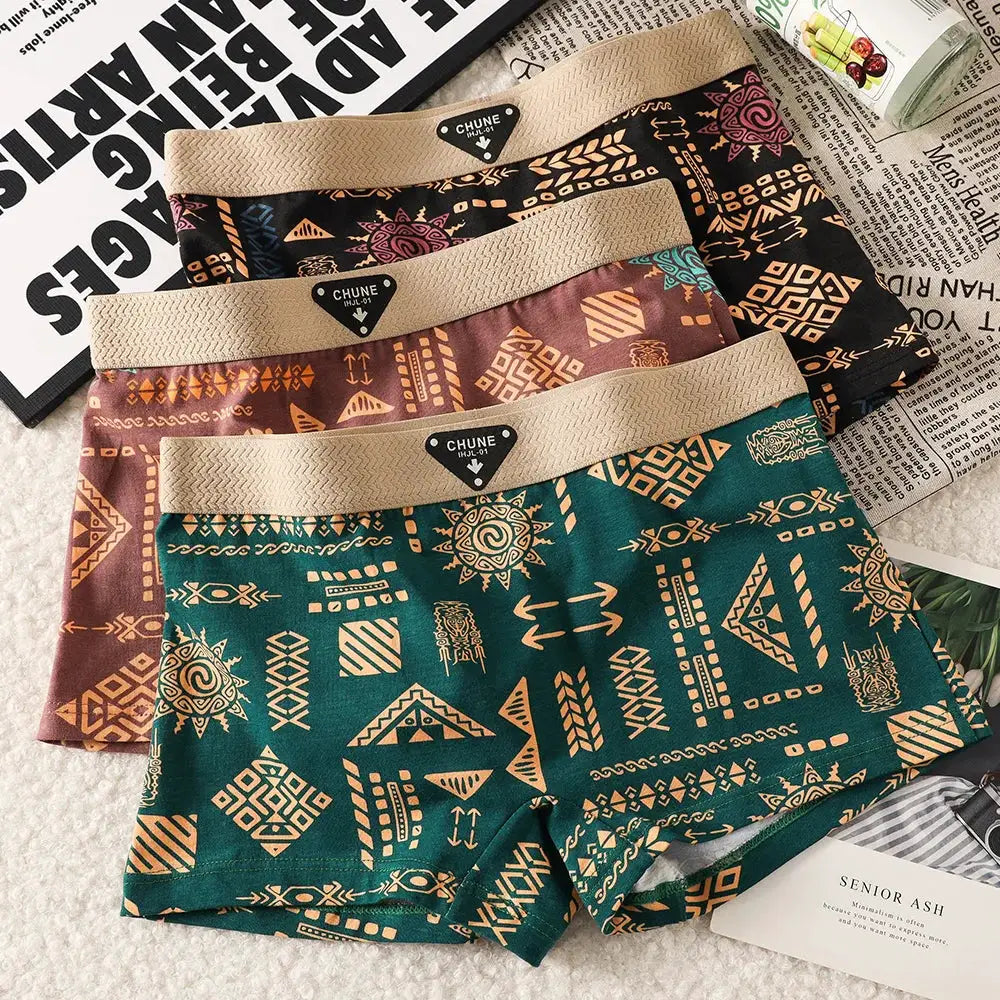 3-pack women's 100% cotton panties with tribal prints in teal, brown, black; high-elastic waistbands Simples Market