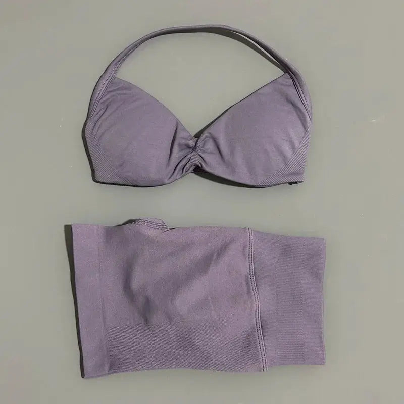 Histello 2 Piece Women Yoga Set Strappy Bra Top Scrunch Shorts