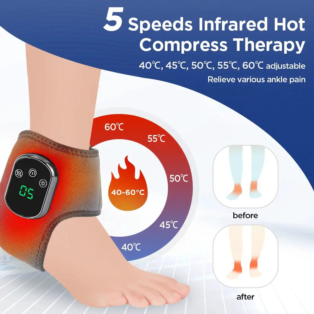 Electric foot heat massager with orange-brown breathable wrap and digital control panel; infrared hot compression