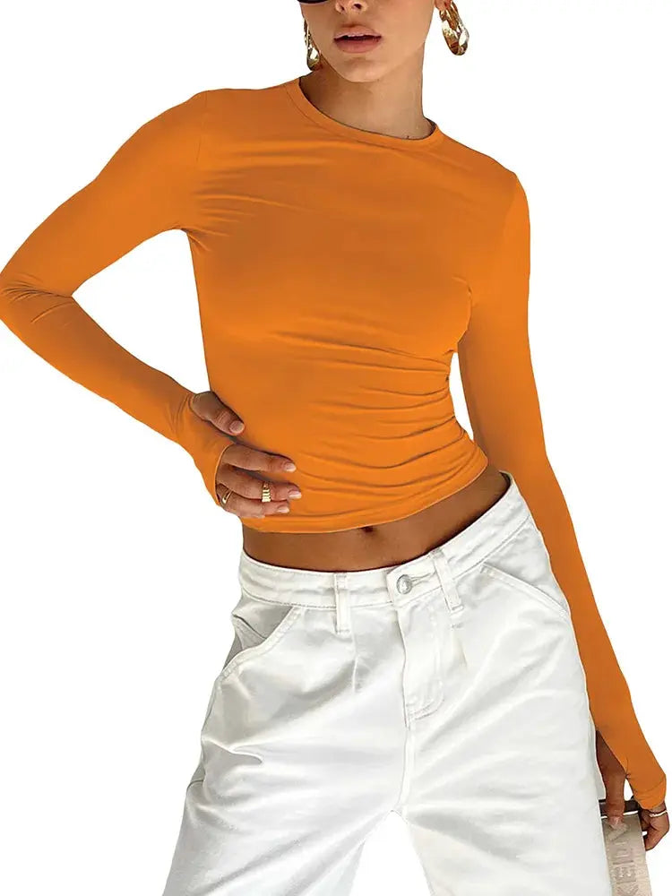 Women's Long Sleeve Crew Neck Crop Top With Thumb Holes Slim Fit Streetwear Daily Summer Camis