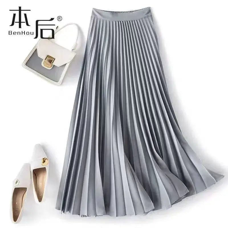 AuraMode Vintage Satin Pleated Midi Skirt High Waist With Wide Elastic Band For Comfortable Fit