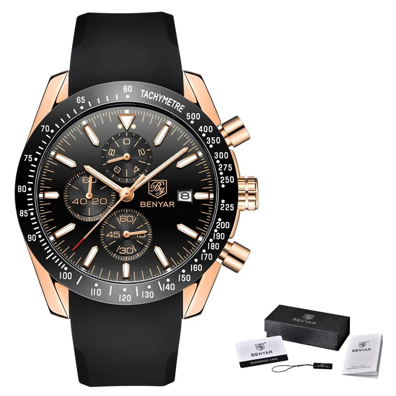 Men's BENYAR chronograph watch with black dial, rose-gold case, black strap; includes box