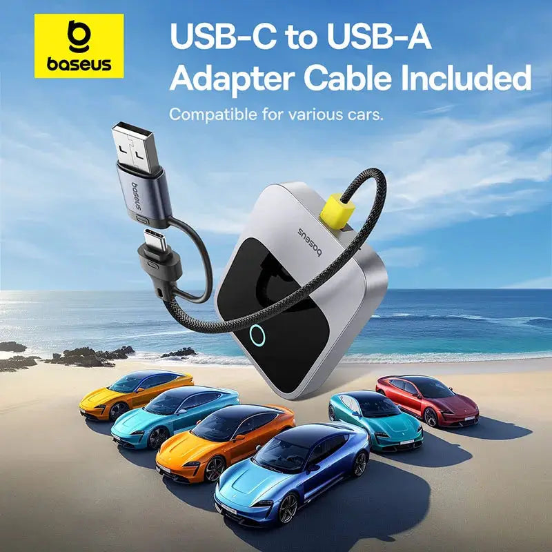 Baseus wireless CarPlay adapter with USB-C to USB-A cable included, black and silver plug-and-play unit