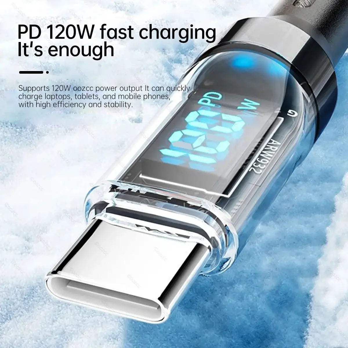 OOZCC LCD Watt Display USB-C charging cable with clear housing, 120W PD fast charging, blue LED readout