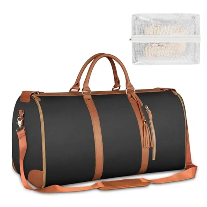 Foldable women's travel duffel bag, black with tan PU leather trim; includes a small mesh packing cube.