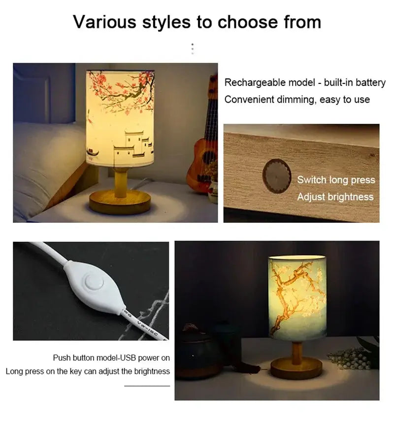 LED table lamp with plum blossom fabric shade and wooden base, dimmable EU plug bedside light