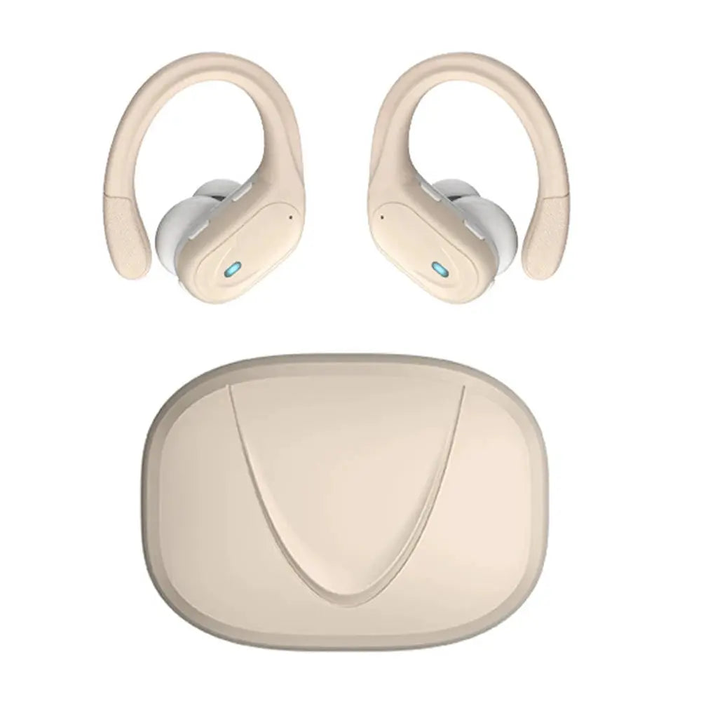 Wireless over-ear earbuds in beige with charging case and blue LED indicators
