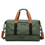 HEICHAO large-capacity travel gym bag in olive green with brown handles and detachable crossbody strap