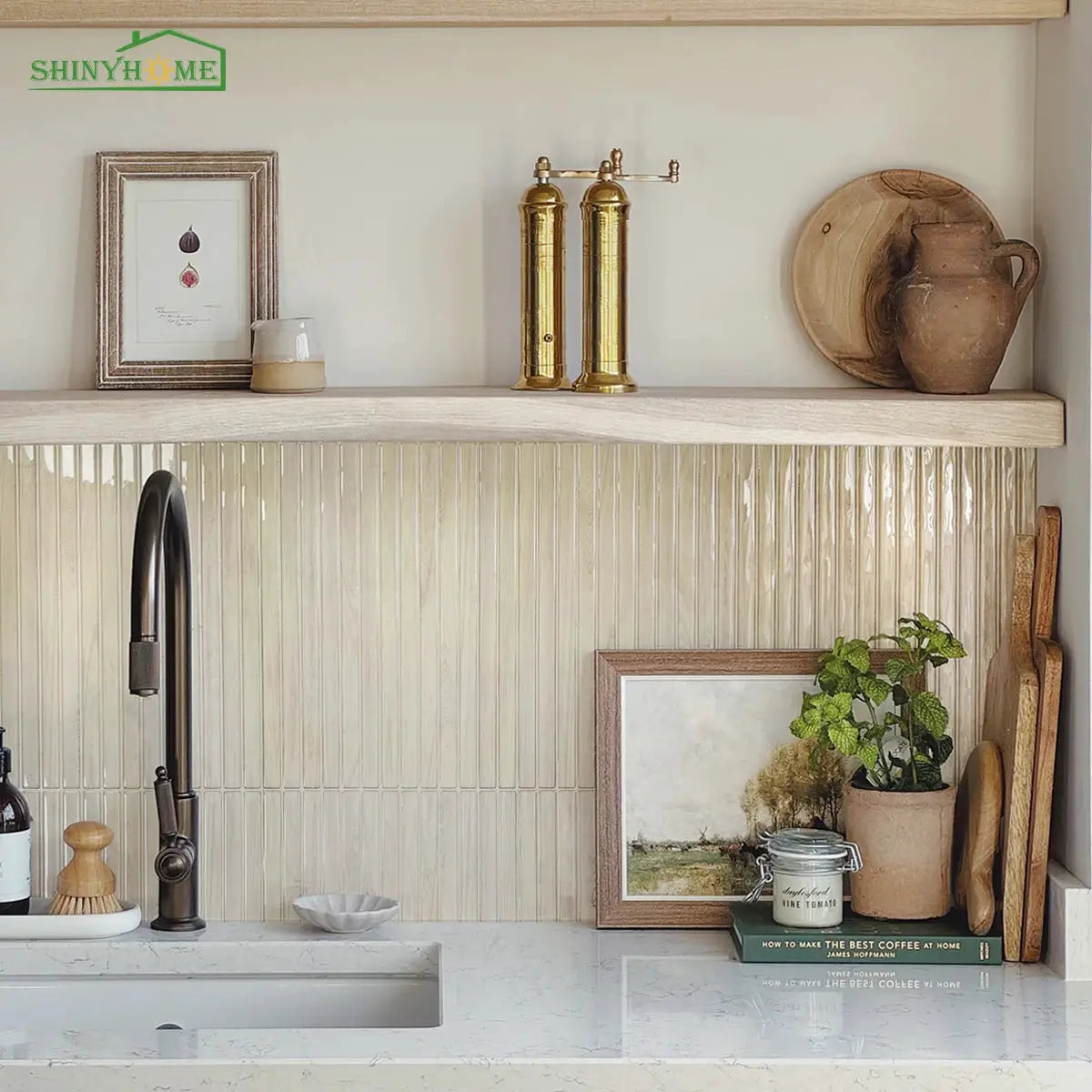 Wood grain peel-and-stick backsplash tiles, 22.86 cm × 29.97 cm, easy-apply adhesive, ShinyHome